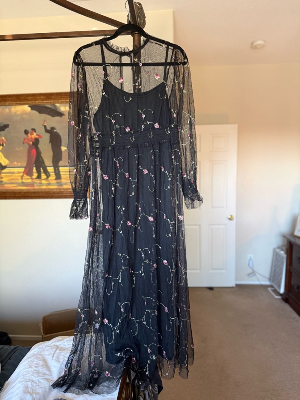 SHEIN Black Sheer Maxi Dress with Pink Floral Embroidery